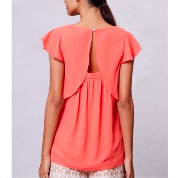 Anthropologie Meadow Rue Coral Flutter Sleeve Top - Picture 1 of 8